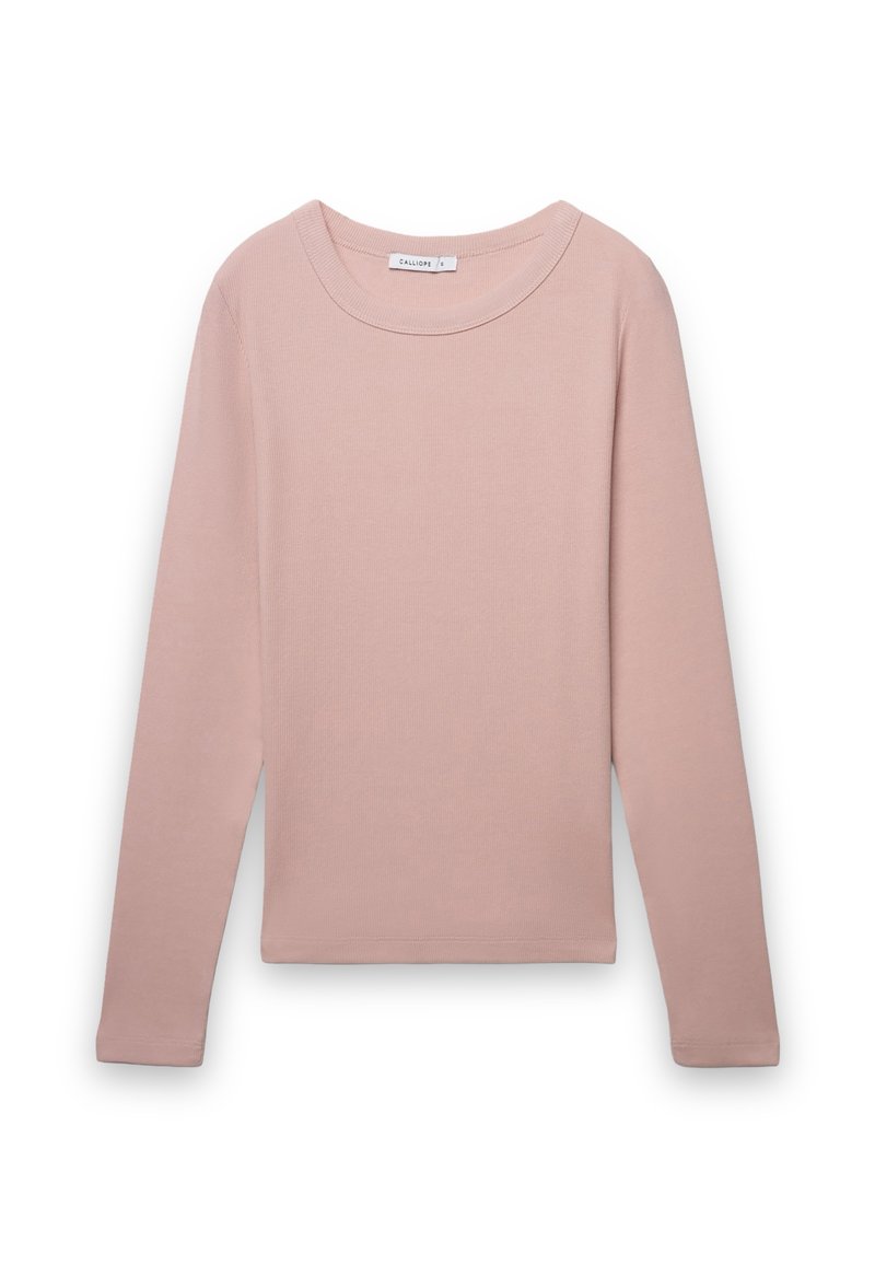 Maglia a maniche lunghe in cotone di colore rosa chiaro con scollo rotondo e trama a coste. Design semplice senza motivi o accenti visibili.