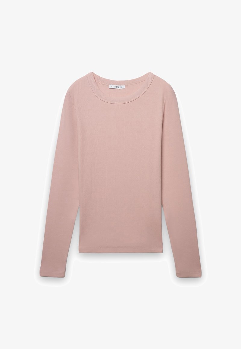 Maglia a maniche lunghe in cotone di colore rosa chiaro con scollo rotondo e trama a coste. Design semplice senza motivi o accenti visibili.