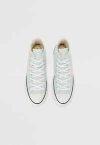 Höga sneakers i mintgrön canvas med vita snören, svart gummisula och vit tåhuvud. Har enkla ögla-detaljer.