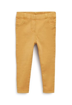 Pantalon slim jaune moutarde pour enfants avec ceinture élastique et poches avant cousues, présenté sur fond blanc.