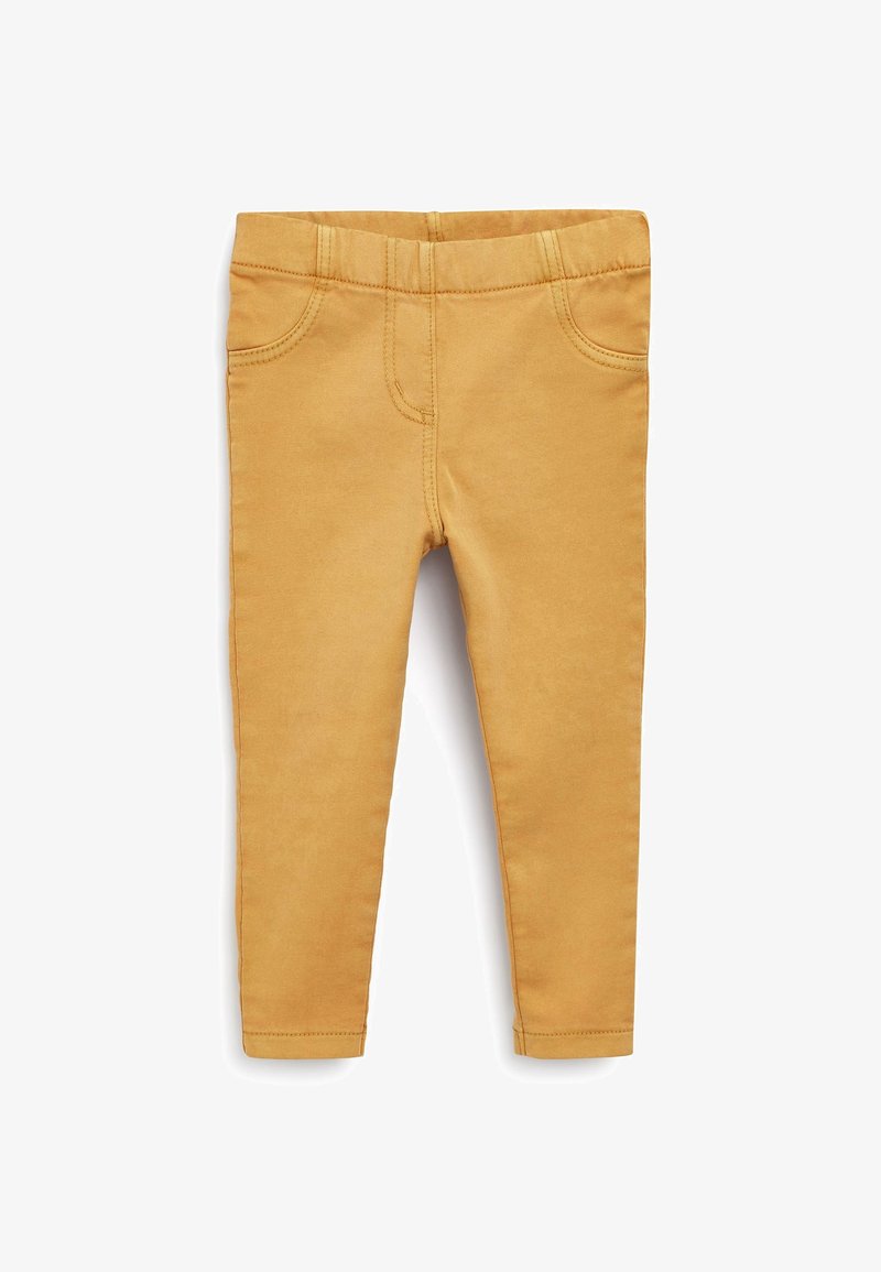 Pantalon slim jaune moutarde pour enfants avec ceinture élastique et poches avant cousues, présenté sur fond blanc.
