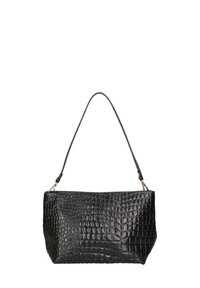 Borsa a tracolla in pelle nera con stampa coccodrillo, dalla forma rettangolare e superficie testurizzata, con dettagli in metallo dorato.
