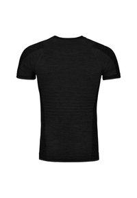 Black short-sleeve athletic shirt with a smooth, textured fabric. Features raglan sleeves and a round neckline.