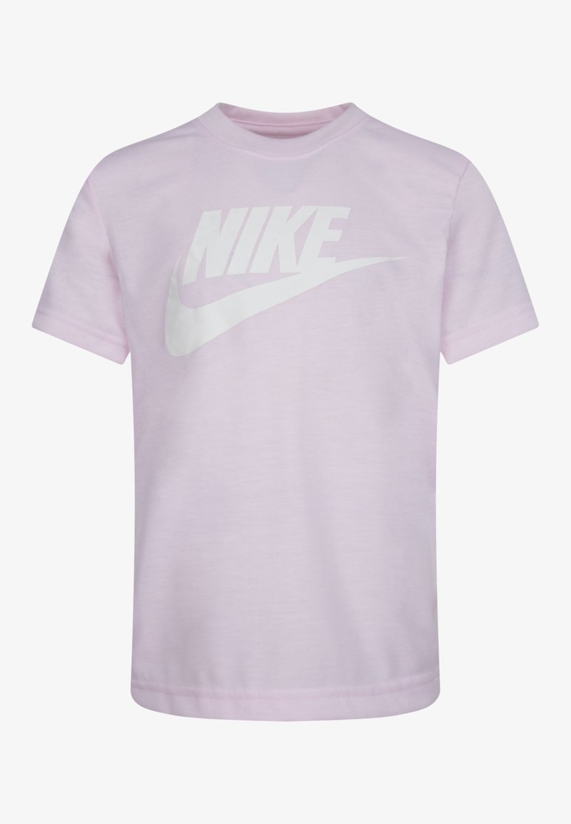 Light pink short-sleeve t-shirt made of cotton, featuring a large white Nike logo and swoosh graphic on the front. Classic crew neck design.