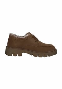 Scarpe in pelle marrone con una finitura texturizzata, un collo morbido foderato in pelliccia e una suola spessa e robusta con scanalature profonde. Design classico con lacci.