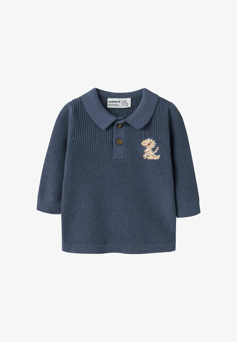 Pull pour bébé en tricot bleu à manches longues avec col, deux boutons et petite broderie de dinosaure sur la poitrine.