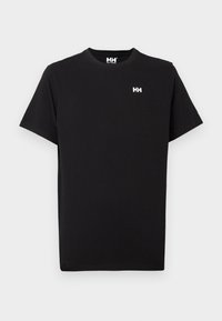 T-shirt preta de gola redonda em algodão. Apresenta mangas curtas e um pequeno logo branco na área do peito esquerdo. Design minimalista.