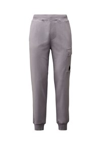 Graue Sweatpants aus weichem Material, mit schmal zulaufendem BeinDesign, elastischem Bund und einer seitlichen Cargo-Tasche. Glatte Textur über die gesamte Fläche.