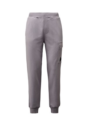 Pantalon de jogging gris en tissu doux, doté d'une coupe fuselée, d'une taille élastique et d'une poche cargo sur le côté. Texture lisse sur l'ensemble.
