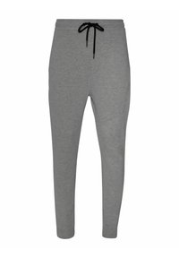 Sive trenažne hlače izrađene od mekog materijala, s pojasom na vezanje, tapered nogavicama i suptilnim detaljima šava za udoban fit.