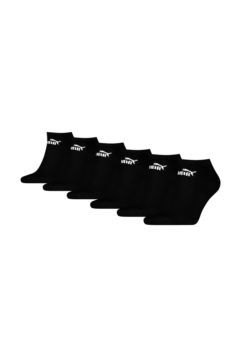 Schwarze Knöchelsocken, sechs Paare, aus Baumwollmischung, mit einem weißen Logo. Glatte Textur, gerippter Bund für einen sicheren Sitz.
