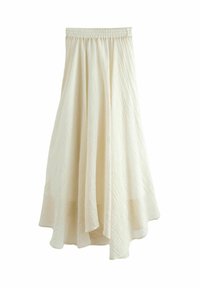 Jupe midi de couleur crème avec une ceinture élastique, dotée d'un design texturé et fluide, ainsi qu'un ourlet asymétrique pour un mouvement supplémentaire.