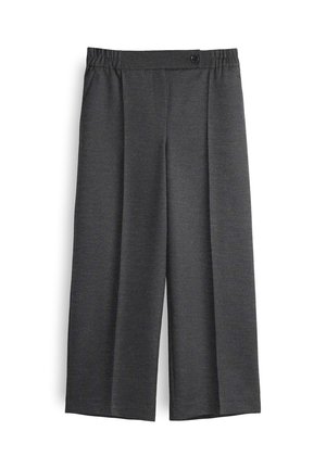 Donkergrijze wijde broek met een elastische tailleband en enkele knoopsluiting, voorplooien en een gladde stofstructuur.