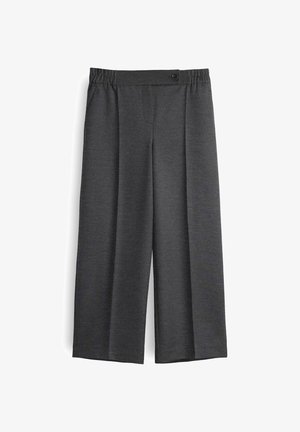 Pantaloni larghi grigio scuro con vita elasticizzata e chiusura a bottone singolo, pieghe sulla parte anteriore e una texture di tessuto liscia.