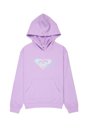 Fliederfarbener Kapuzenpullover mit Fronttasche und holografischem Herz-Logo mit dekorativen Sternen auf der Brust.