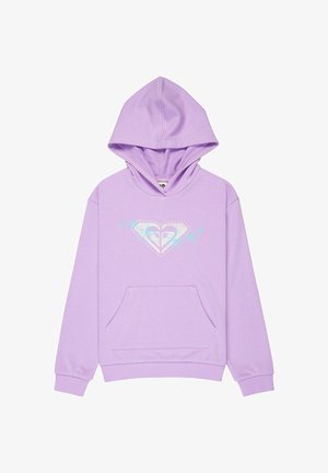 Sweat à capuche lilas avec poche avant et un logo holographique en forme de cœur avec des étoiles décoratives sur la poitrine.