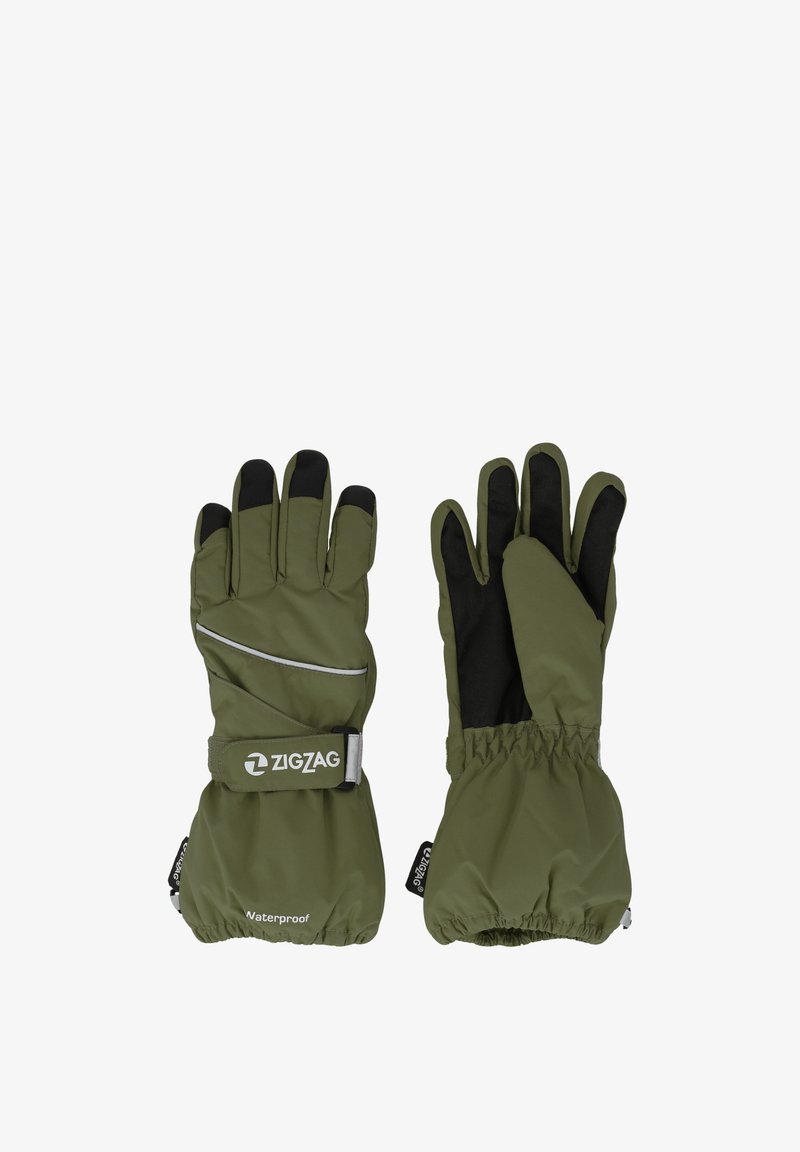 Grüne wasserdichte Handschuhe mit strukturiertem Griff, elastischen Bündchen und reflektierenden Akzenten. Mit einem Logo am Handgelenkriemen.