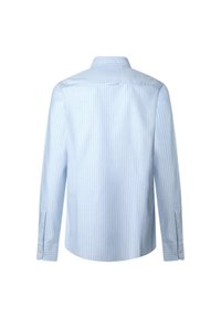 Lichtblauw langslurf overhemd met verticale witte strepen, button-down kraag, rechte zoom en manchetten met één knoop. Gladde stofstructuur.