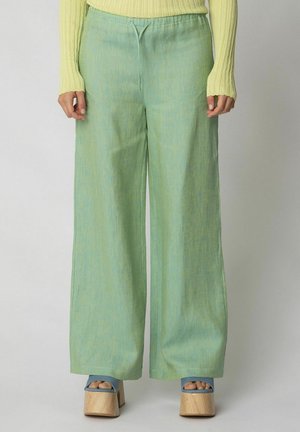 Light green, wide-leg pants with a soft texture and subtle horizontal patterns; features an elastic waistband and pockets.