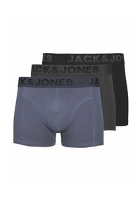 Tres pares de boxers para hombre en navy, gris y negro. Presentan una cintura ancha con el logo "JACK & JONES" en negro. Tela suave y elástica.