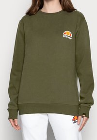 Felpa verde oliva realizzata in un tessuto morbido, con scollatura rotonda, polsini a coste e un logo ricamato in arancione e bianco sul petto.