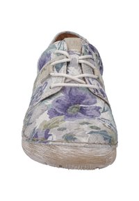 Lace-up buty z nadrukiem kwiatowym, z teksturowaną, miękką cholewką w odcieniach kremowym, lawendowym i zielonym; naturalna gumowa podeszwa o stonowanym wykończeniu.