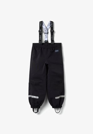 Zwarte waterdichte broek met verstelbare zwarte bretels. Voorzien van reflecterende accenten en elastische boorden voor een snug fit. Gelaagd stof.