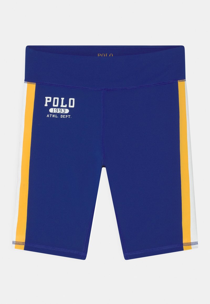 Calções de banho azuis com painéis laterais amarelos e brancos. Apresenta o logo "POLO 1993 ATHL. DEPT." em branco. Feitos de um tecido elástico.