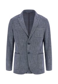 Pilkas tekstūruotas švarkas, turintis vieną krūtinės kišenę, dvi priekinės kišenes ir du mygtukus, su įpjovimu apykakle ir tiesiu kirpimu.