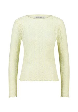Blusa a maniche lunghe in pizzo di colore giallo chiaro con scollatura rotonda e bordi smerlati sulle maniche e sull'orlo, etichettata "America Today".