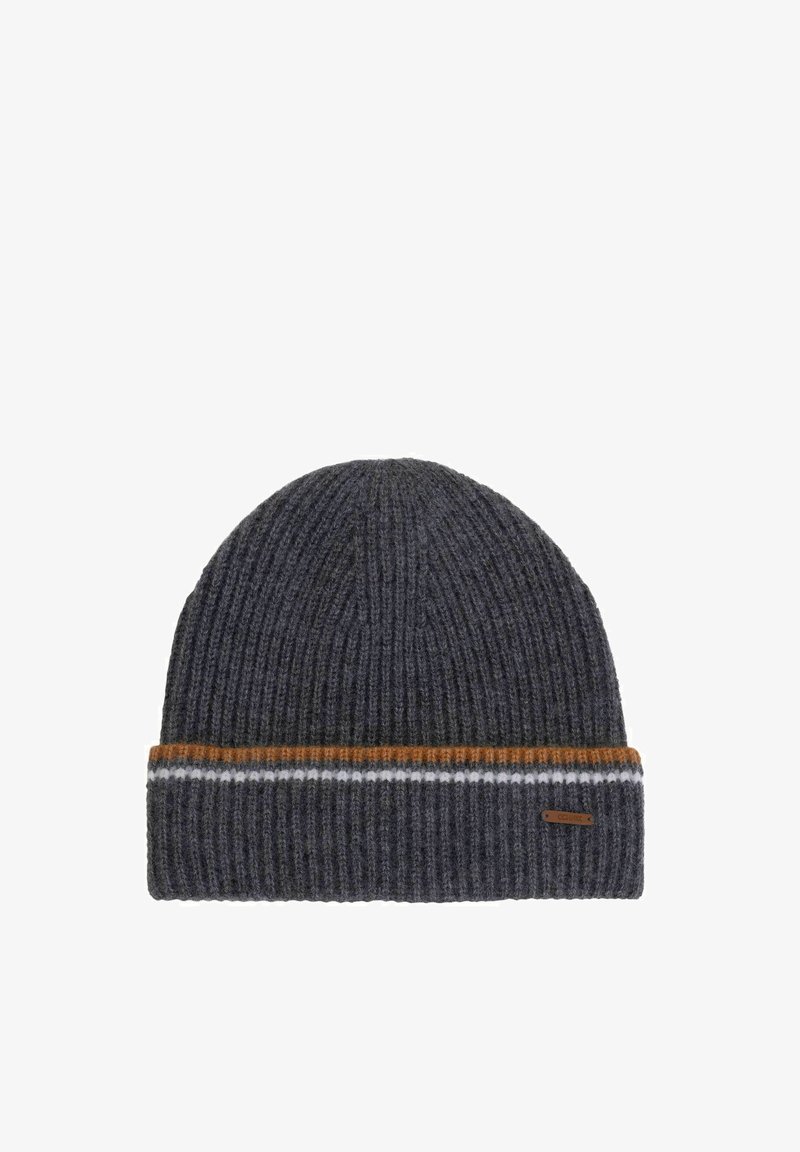 Szary dzianinowy beret o ryflowanej strukturze, z mankietem w brązowe, białe i szare pasy oraz małym skórzanym logo.