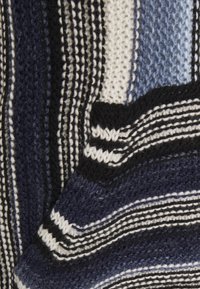 Primo piano di un tessuto lavorato a maglia con strisce orizzontali in blu navy, nero, bianco e blu chiaro, che mostra motivi di punto testurizzati.