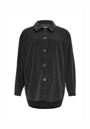 Chemise oversize en velours côtelé noir avec un col, sept boutons sur le devant et manches longues. Texture douce avec un ourlet droit.