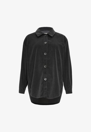 Schwarze Corduroy-Übergroße Hemd mit Kragen, sieben Knöpfen vorne und langen Ärmeln. Weiche Textur mit geradem Saum.