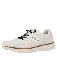 Hvide sneakers lavet af syntetisk læder med sorte snørebånd. Indeholder perforerede design elementer, en polstret sål og brune accenter på mellemsålen.