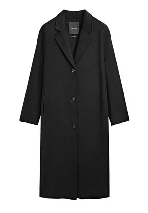 Cappotto di lana nero con design su misura, rever a notched, davanti monopetto e bottoni grandi. Presenta maniche lunghe e tasche laterali.
