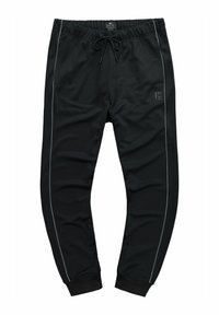 Zwarte sweatpants van zacht materiaal, met een trekkoord in de taille, witte zijstrepen en ribgebreide boorden bij de enkels.