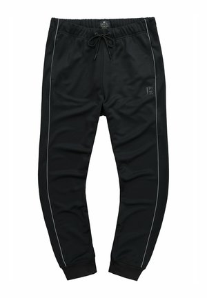 Zwarte sweatpants van zacht materiaal, met een trekkoord in de taille, witte zijstrepen en ribgebreide boorden bij de enkels.