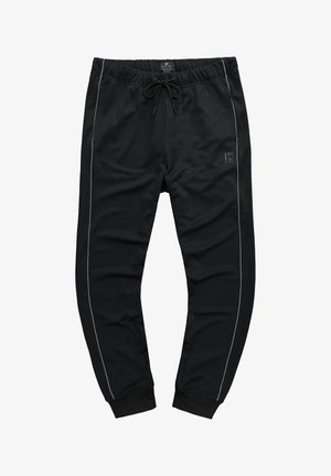 Pantaloni della tuta neri realizzati in tessuto morbido, con vita regolabile tramite cordino, strisce laterali bianche e polsini a coste alle caviglie.