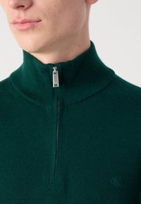 Maglione verde con zip e collo alto, texture a coste e un piccolo logo sul petto. La cerniera è di color argento.