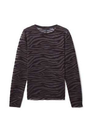 T-shirt à manches longues semi-transparent en violet foncé avec un motif de rayures zèbre noir. Il possède un col rond et une silhouette ajustée.