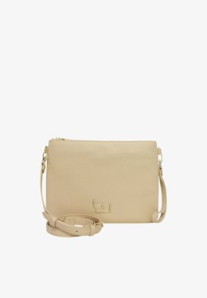 Borsa a tracolla in pelle beige con cerniera dorata, tracolla regolabile arrotolata davanti e piccolo logo dorato "byblos" vicino al centro in basso.