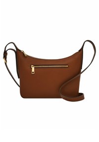 Sac en cuir brun à bandoulière avec des détails en fermeture éclair dorée, une texture lisse, une forme arrondie et une bandoulière adjustable. Dispose d'une poche zippée à l'avant.