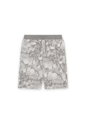 Afslappede grå shorts med et abstrakt geometrisk mønster og snørre i taljen, lagt fladt på en hvid baggrund.