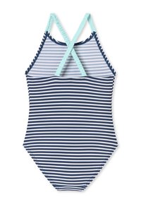 Costume da bagno intero a righe con righe orizzontali blu navy e azzurro, con bretelle incrociate e tessuto strutturato.