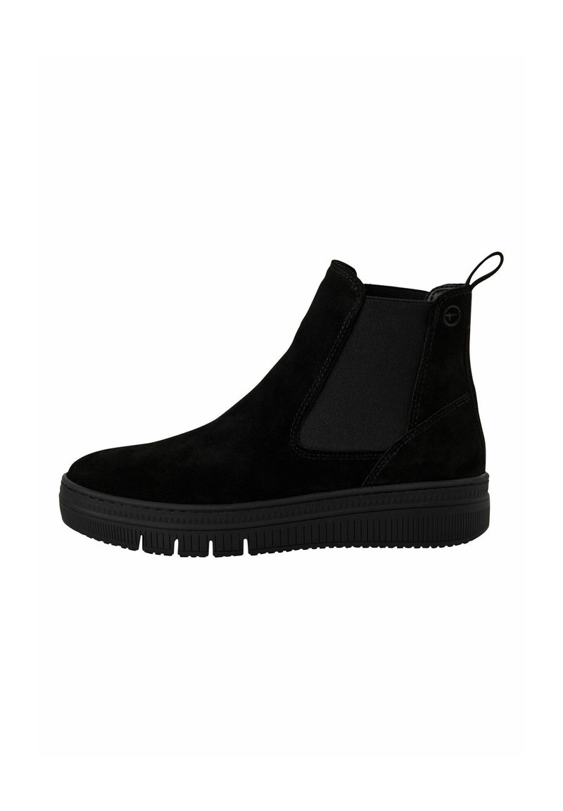 Bottines en daim noir avec panneaux latéraux en élastique, tirant et semelle en caoutchouc texturé. Design élégant et minimal avec une finition lisse.