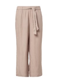 Helle beige Schlaghosen aus weichem Stoff, mit einem vorderen Bindegürtel und einem elastischen Taillenbund für zusätzlichen Komfort.