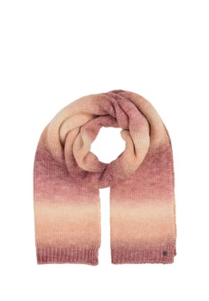 Șal tricotat cu un design gradient în nuanțe de roz deschis. Materialul pare confortabil, cu o textură netedă și un detaliu mic cu logo.