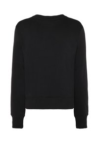 Zwart sweatshirt met lange mouwen en een ronde hals, met geribbelde manchetten en zoom, getoond vanaf de achterkant op een effen witte achtergrond.