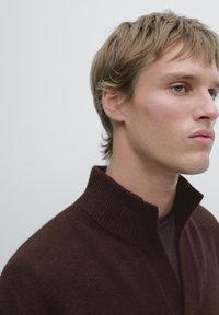 Brązowy sweter dziany z wysokim kołnierzem. Gładka faktura, dopasowany krój i prążkowany dekolt. Noszony z ciemną koszulką pod spodem.